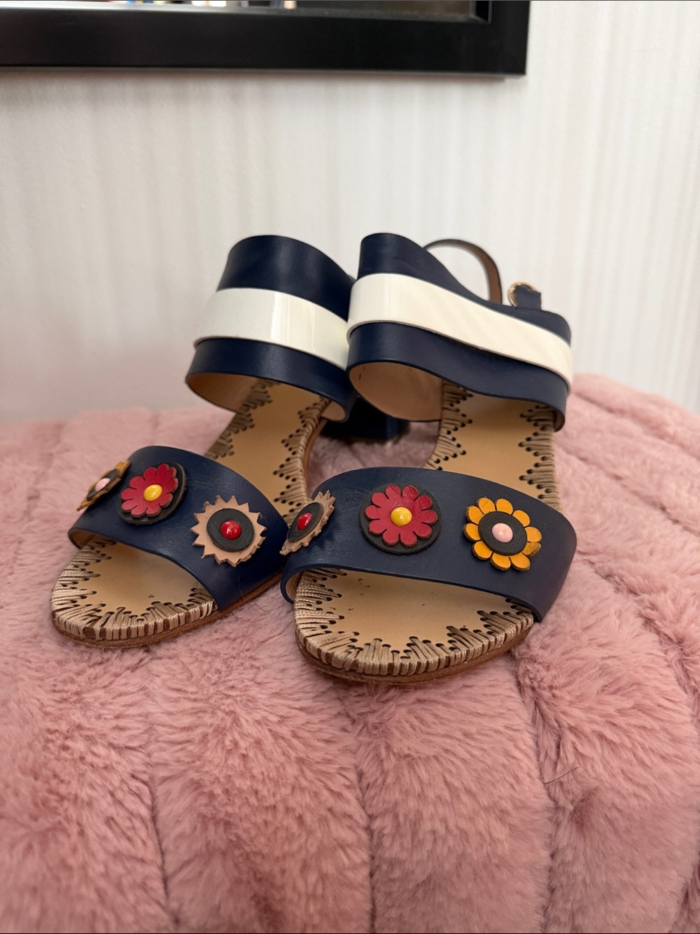 Tory Burch Navy and White Floral Appliqué Wedge Sandals
